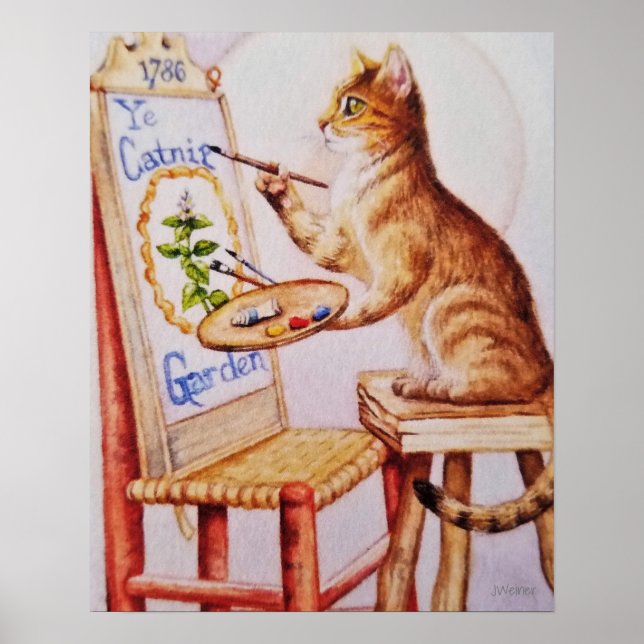 Brown Tabby Artist Cat Painting Watercolor 16x20 Poster (Front)