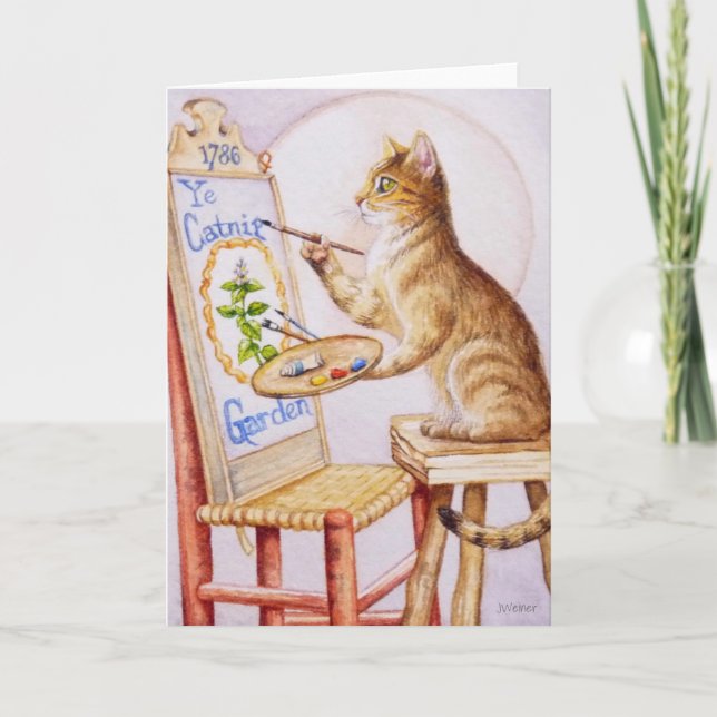 Brown Tabby Artist Cat Painting Watercolor Art Card (Front)