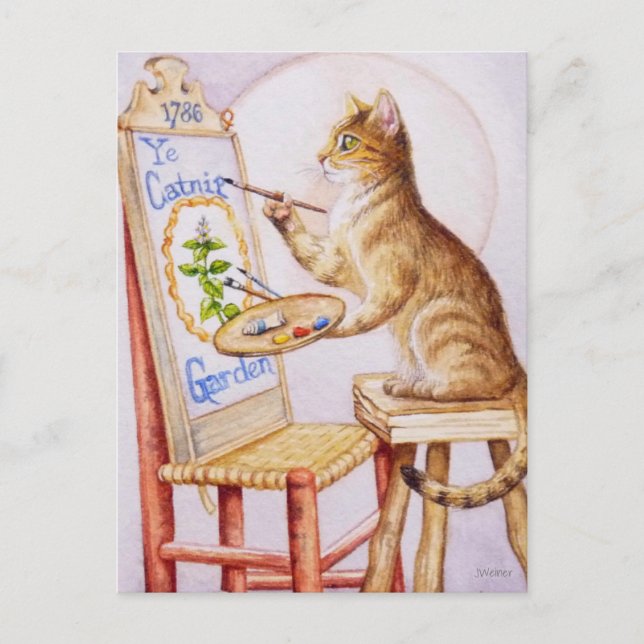 Brown Tabby Artist Cat Painting Watercolor Art Postcard (Front)