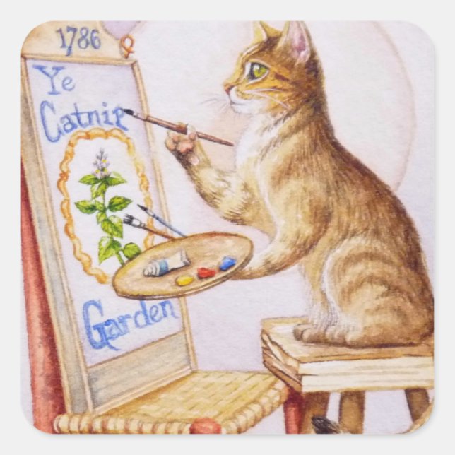 Brown Tabby Artist Cat Painting Watercolor Art Square Sticker (Front)