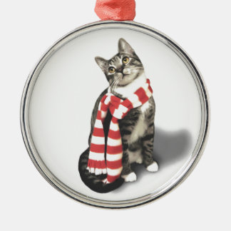 Brown Tabby Cat in a Red and White scarf Metal Tree Decoration