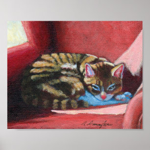 Brown Tabby Cat Sleeping in a Comfy Red Chair Poster
