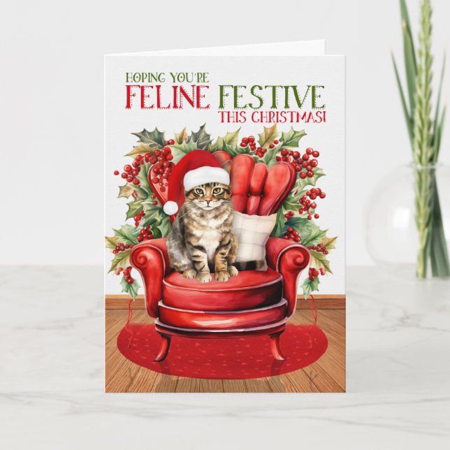 Brown Tabby Christmas Cat FELINE Festive Holiday Card (Front)