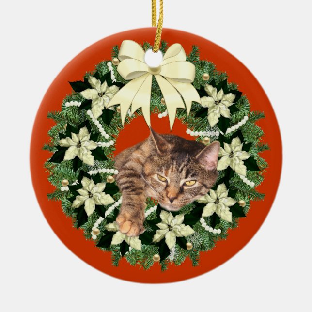 Brown tabby Christmas Ceramic Tree Decoration (Front)