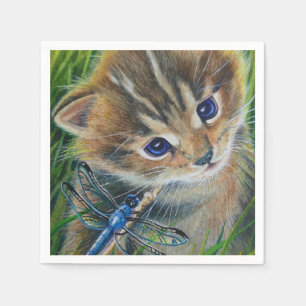 Brown Tabby Kitten & Dragonfly Watercolor Art Napkin