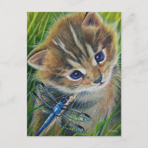 Brown Tabby Kitten & Dragonfly Watercolor Art Postcard