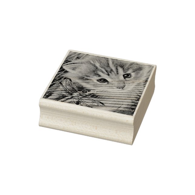 Brown Tabby Kitten & Dragonfly Watercolor Art Rubber Stamp (Stamp)