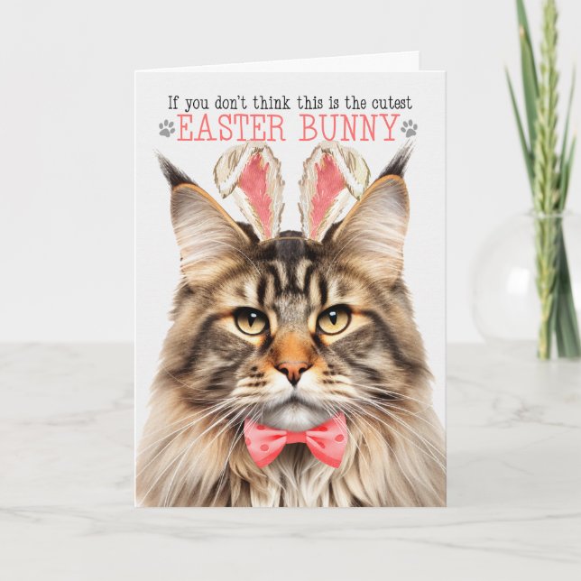 Brown Tabby Maine Coon Cat Bunny Ears for Easter Holiday Card (Front)