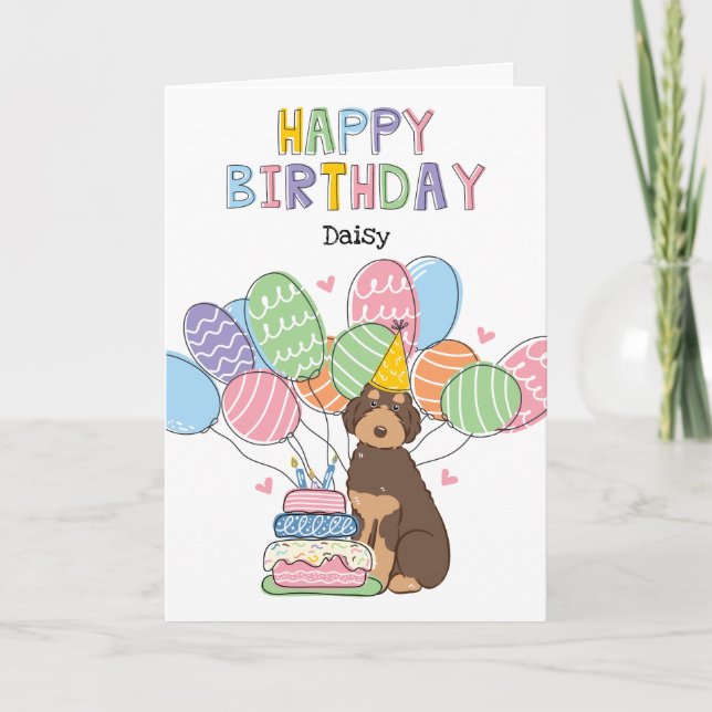 Brown Tan Aussiedoodle Dog Happy Birthday Card (Front)