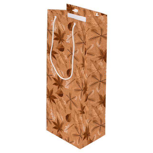BROWN & TAN AUTUMN FALL LEAVES WINE GIFT BAG (Front Angled)
