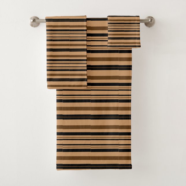 Brown Tan Beige Black Stripes Bath Towel Set (Insitu)