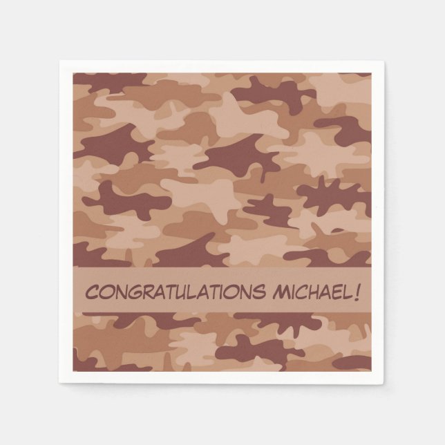 Brown Tan Camo Camouflage Congratulations Name Napkin (Front)
