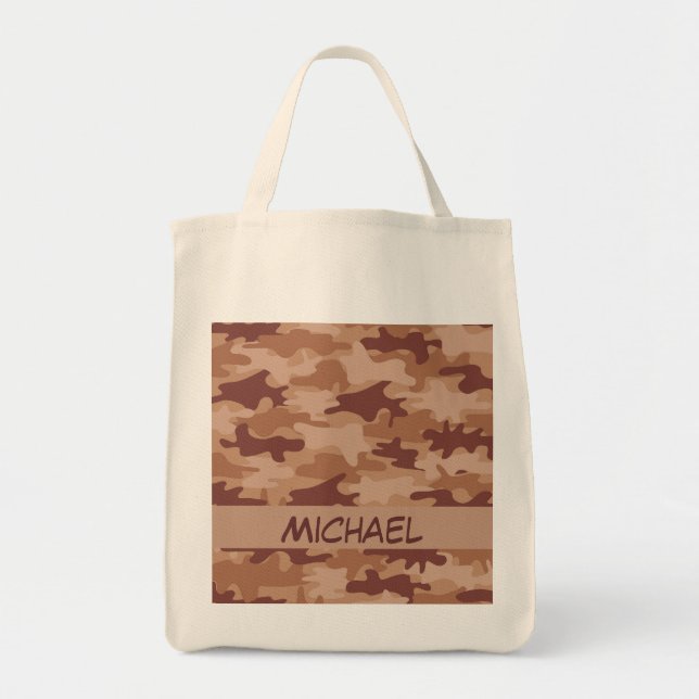 Brown Tan Camo Camouflage Name Personalised Tote Bag (Front)