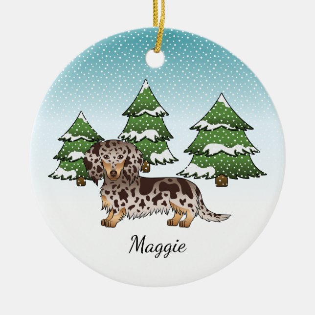 Brown & Tan Dapple Long Hair Dachshund In Winter Ceramic Tree Decoration (Front)