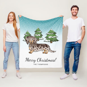 Brown & Tan Dapple Long Hair Dachshund In Winter Fleece Blanket