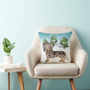 Brown & Tan Dapple Short Hair Dachshund In Winter Cushion