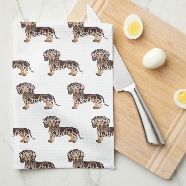 Brown & Tan Dapple Short Hair Dachshund Pattern Tea Towel (Quarter Fold)