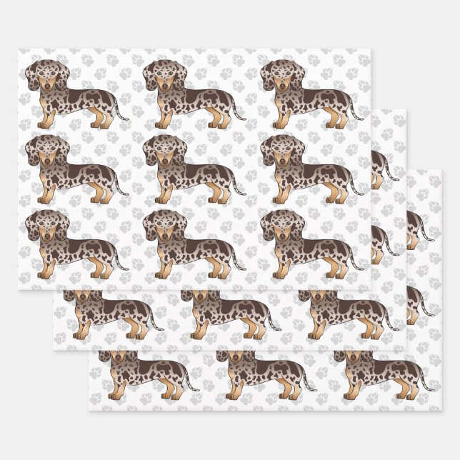Brown & Tan Dapple Short Hair Dachshund Pattern Wrapping Paper Sheet (Set)