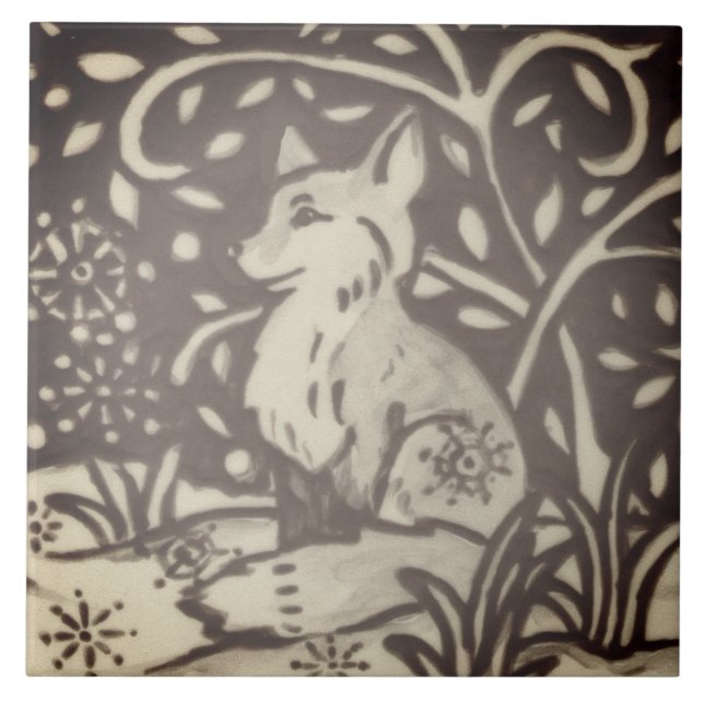 Brown Tan Fox Snow Floral Foliage Woodland Decor Tile (Front)
