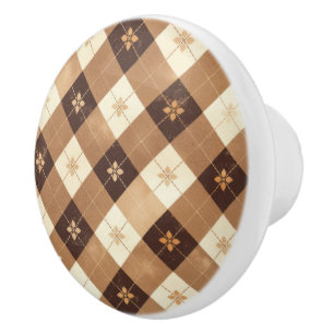Brown Tan Gingham Floral Kitchen Ceramic Knob