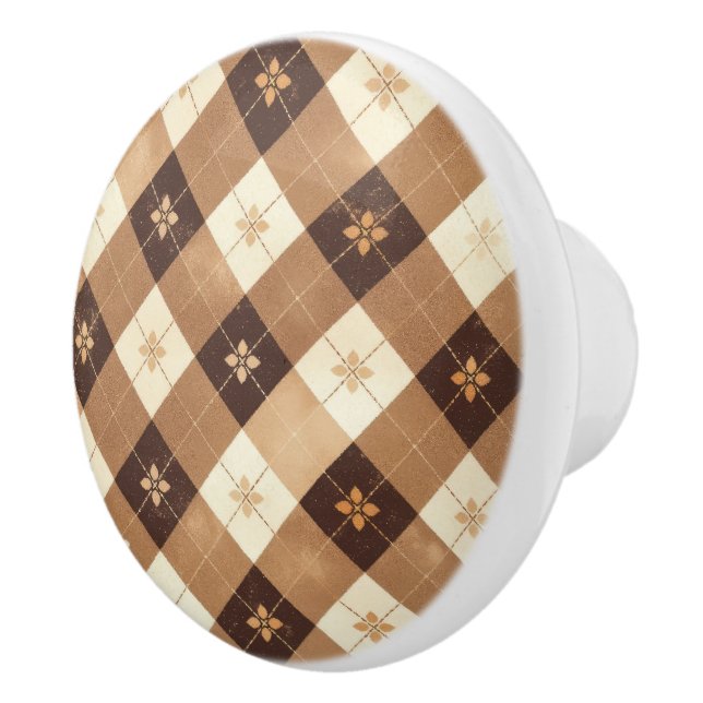 Brown Tan Gingham Floral Kitchen Ceramic Knob (Right)