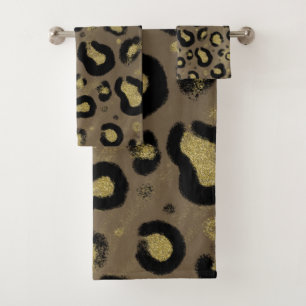 Brown Tan Gold Glitter Black Leopard Cheetah Print Bath Towel Set