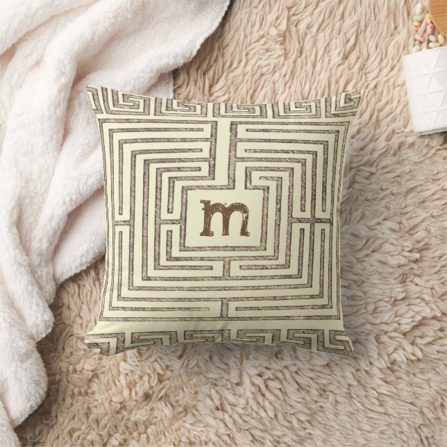 Brown Tan Monogram Tribal Greek Key Pattern Cushion (Blanket)