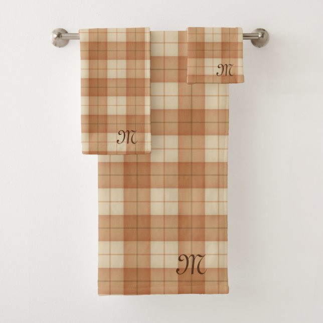 Brown Tartan Personalised Monogram Elegant Gift Bath Towel Set (Insitu)