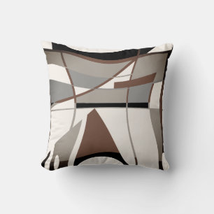 Brown Taupe Gray Black on White Geometric Design  Cushion