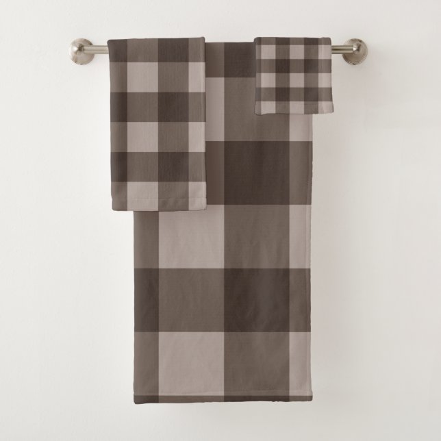 Brown Taupe Tan Rustic Chequered Squares Plaid Bath Towel Set (Insitu)