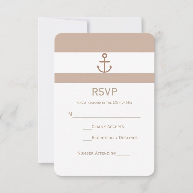 Brown Taupe & White Striped Anchor RSVP Card (Front)