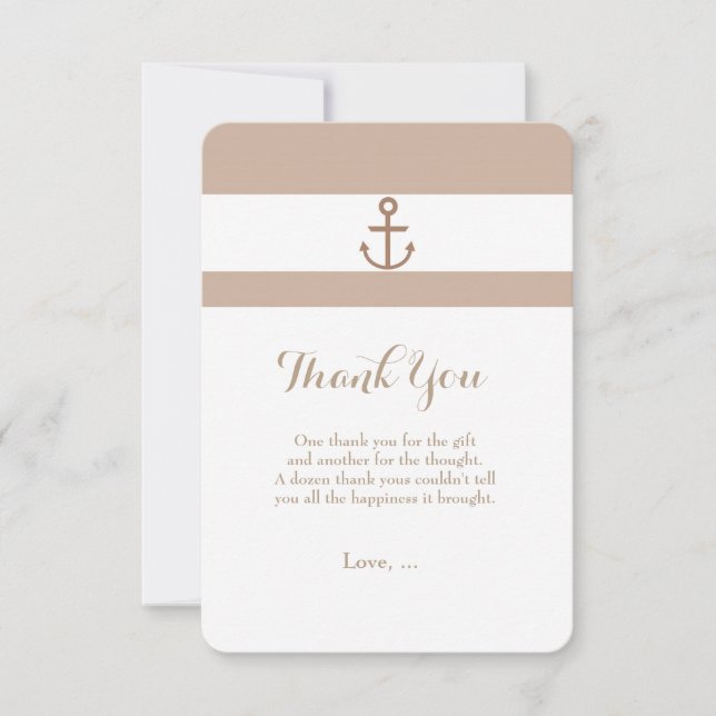 Brown Taupe & White Striped Anchor Thank You Card (Front)