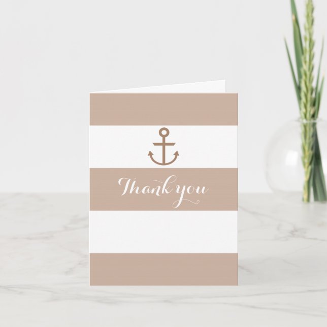 Brown Taupe & White Striped Anchor Thank You Card (Front)