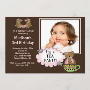 Brown Tea Party Photo Birthday Party Invitation