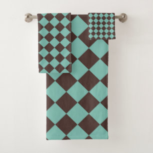 Brown Teal Chequered Diamond Pattern  Bath Towel Set