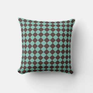 Brown Teal Chequered Diamond Pattern Cushion