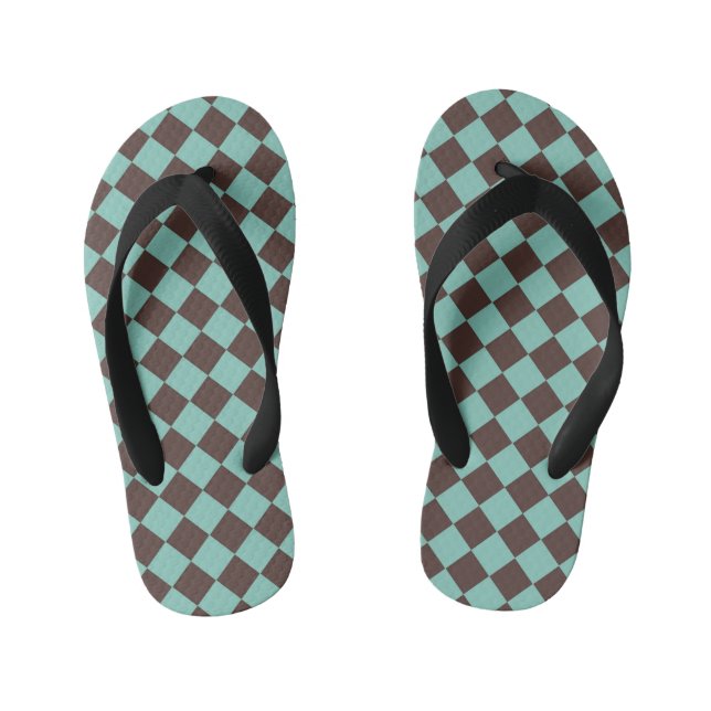 Brown Teal Chequered Diamond Pattern  Kid's Flip Flops (Footbed)