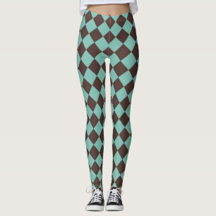 Brown Teal Chequered Diamond Pattern Leggings