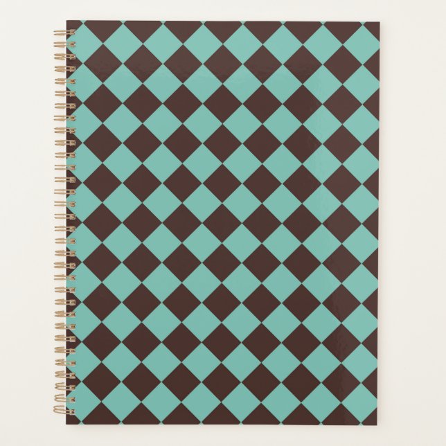 Brown Teal Chequered Diamond Pattern  Planner (Front)
