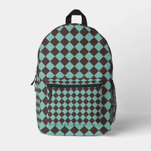 Brown Teal Chequered Diamond Pattern Printed Backpack (Front)