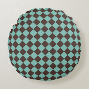Brown Teal Chequered Diamond Pattern  Round Cushion