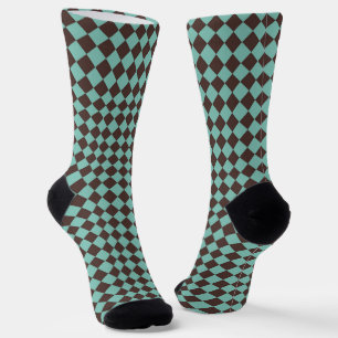 Brown Teal Chequered Diamond Pattern Socks