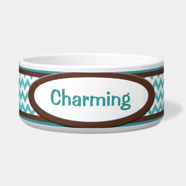 Brown & Teal Chevron Personalised Dog Bowl (Front)