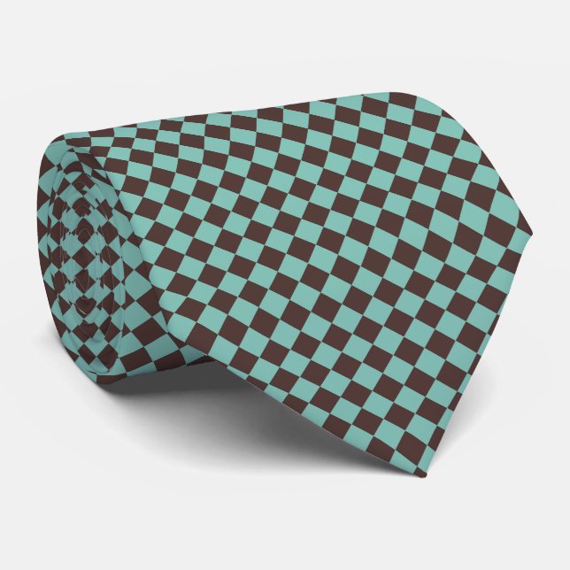 Brown Teal Diamond Chequered Pattern Tie (Rolled)