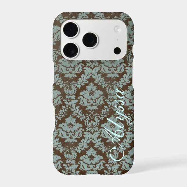 Brown/Teal Distressed Damask iPhone 17 Pro w/Name (Back)
