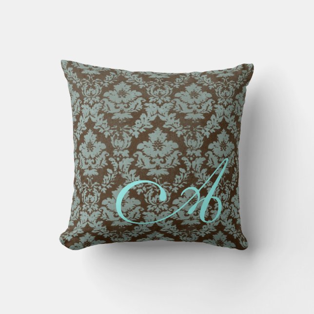 Brown / Teal Distressed Damask Personalised Pillow (Front)