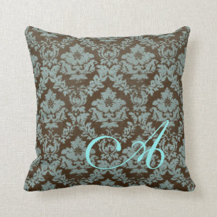 Brown / Teal Distressed Damask Personalized Pillow