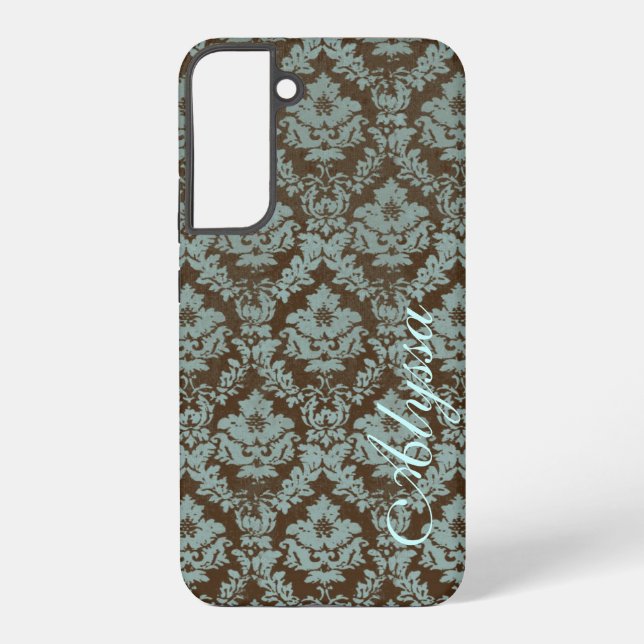 Brown/Teal Distressed Damask w/Name Samsung Galaxy S22+ Case (Back)