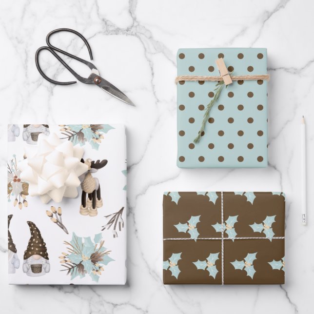 Brown & Teal Gnome | Christmas Holiday Wrapping Paper Sheet (Front)
