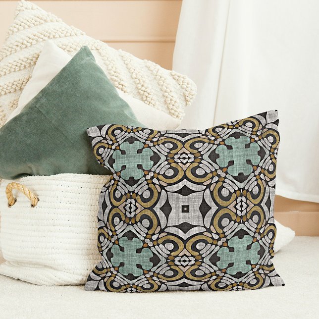 Brown Teal Green Gray Hip Bohemian Bali Art Cushion (Creator Uploaded)